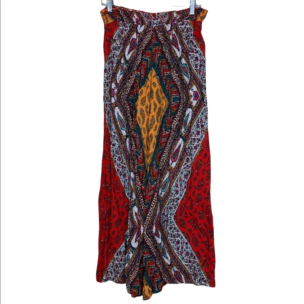 Angie Boho Paisley Mandala Hippie Colorful Cropped Wide Leg Elastic Waist Pants